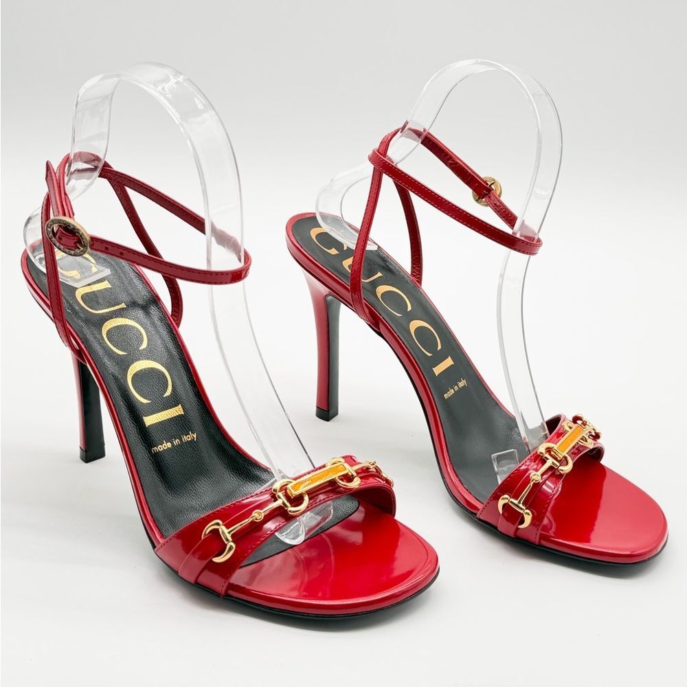 Gucci Moorea Horsebit Hibiscus Red Patent Leather Heeled Ankle Wrap Sandals EU38